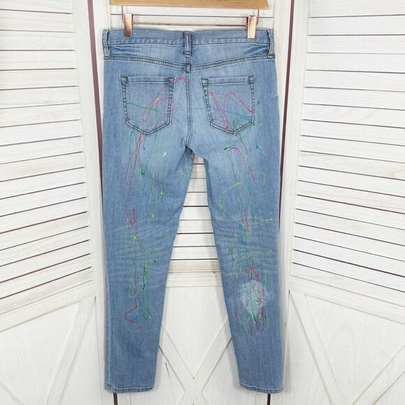 Loft Hand Painted Boyfriend Jeans Blue Multi 0 Ankle Cherry Blossom Custom - Picture 2 of 13